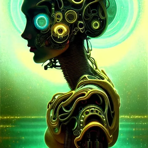 Image similar to extremely psychedelic beautiful brutalist cyborg organism infected by night. intricate, elegant, highly detailed, extremely lifelike photorealistic digital painting, artstation. steichen, gaston bussiere, tom bagshaw, brutalist cyberpunk alphonse mucha. elegant minimalism. anatomically correct. sharp focus. gold with white accents. surreal lush cosmic hallucination