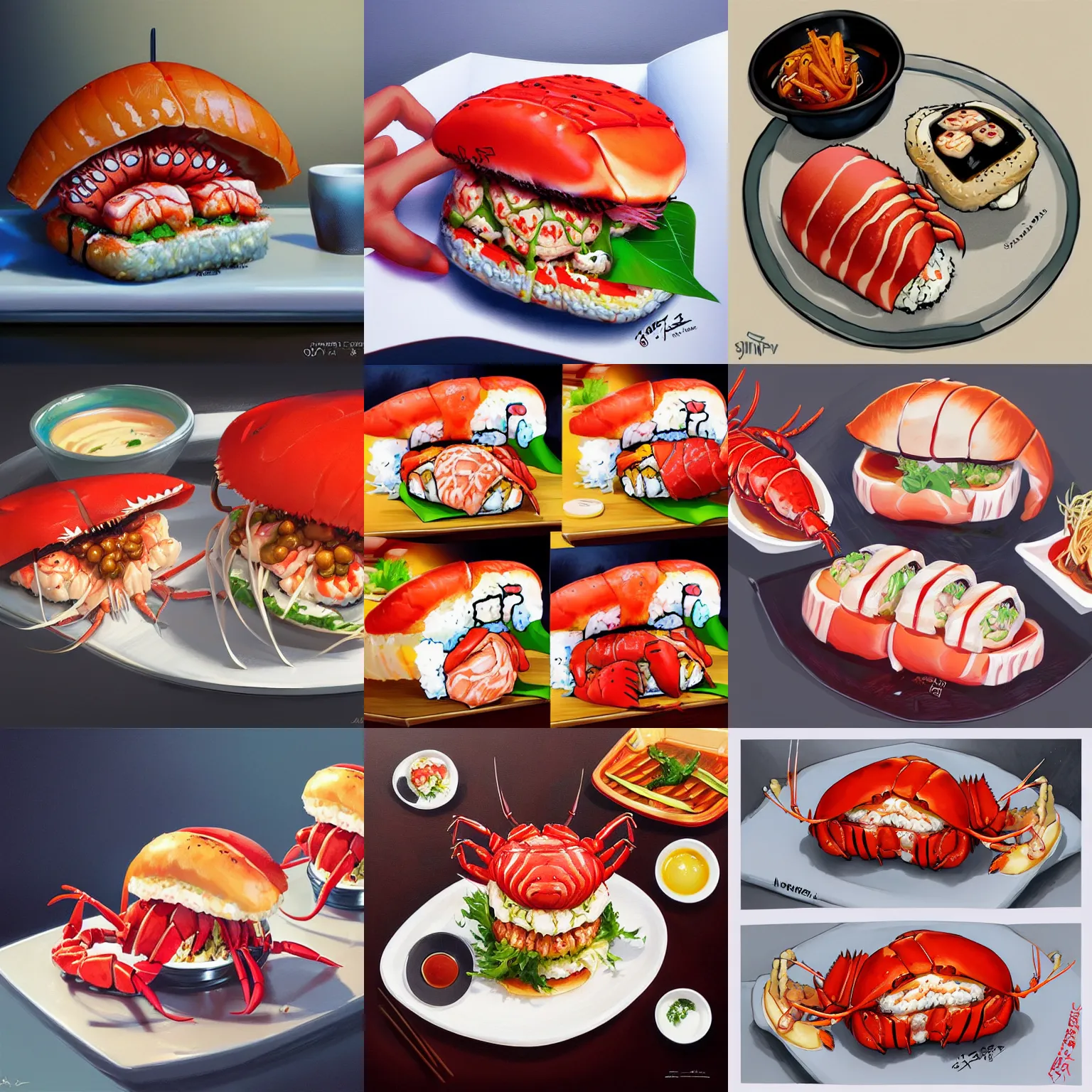 Image similar to lobster sushi burger. by stanley artgerm lau, wlop, rossdraws, james jean, andrei riabovitchev, marc simonetti, yoshitaka amano, artstation, cgsociety