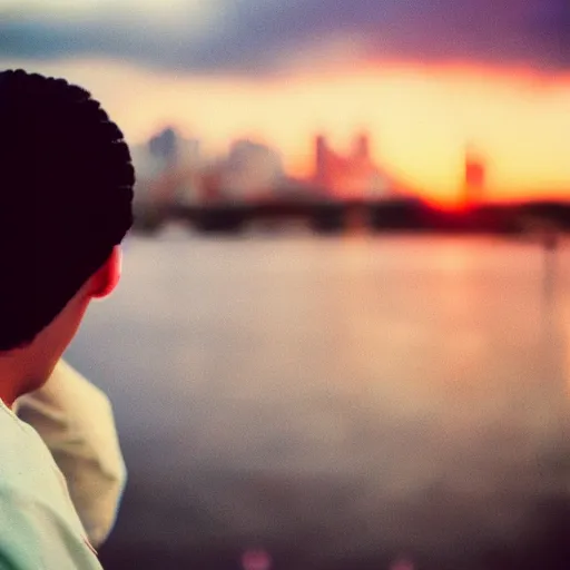 Prompt: instant photograph of a young person looking to the horizon, polaroid, raw, beautiful, nostalgic, light leak, sunset, clouds, city