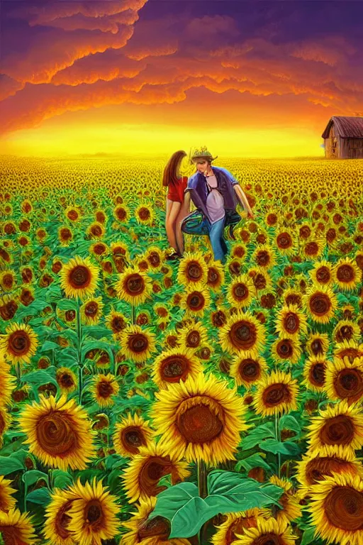 Prompt: country side, sunflowers by jacek yerka and cyril rolando