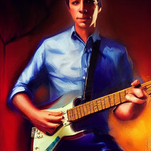 Image similar to portrait of a robert palmer model playing guitar, D&D, beautiful, realistic, cinematic lighting, fantasy digital painting