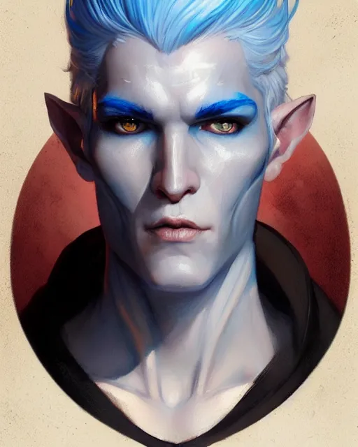 Prompt: character portrait of a slender half elven man with white hair, piercing bright blue eyes, and pale bluish skin, by greg rutkowski, mark brookes, jim burns, tom bagshaw, trending on artstation