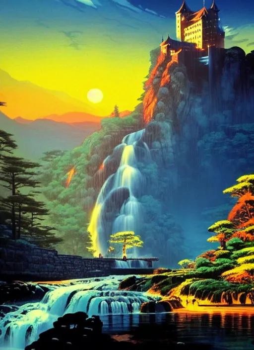 Prompt: magical castle, waterfall, river, mountain, sunset, scenery wallpaper aesthetic, beautiful, cinematic, dramatic, super detailed and intricate, hyper realistic, by koson ohara, by darwyn cooke, by hiroshi yoshida, by kentaro miura