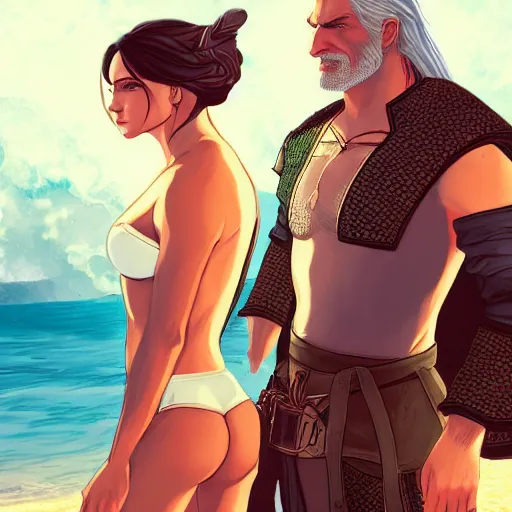 Prompt: Portrait of Geralt of Rivia and Yennefer of Vengerberg in modern bathing suits at a tropical beach, character design, fantasy, comic book visual style, atmospheric lighting, highly detailed, ArtStation, trending on ArtStation, by Matthew Orders