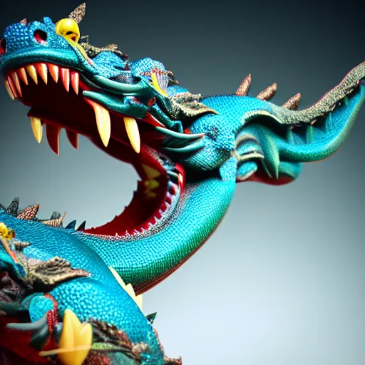 Image similar to closeup 3 d toy chinese bestiary dragon as funco toy, war cry, plastic, sss, octane 4 k render, studio lighting, artstation, cyan photographic backdrop, 1 0 5 mm, f 2. 8 aperture