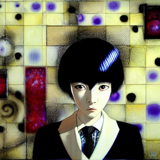 Prompt: yoshitaka amano blurred and dreamy three quarter angle portrait of a young woman with white hair and black eyes wearing dress suit with tie, playstation 2 horror game, junji ito abstract patterns in the background, satoshi kon anime, chungking express color palette, noisy film grain effect, highly detailed, renaissance oil painting, weird portrait angle, blurred lost edges