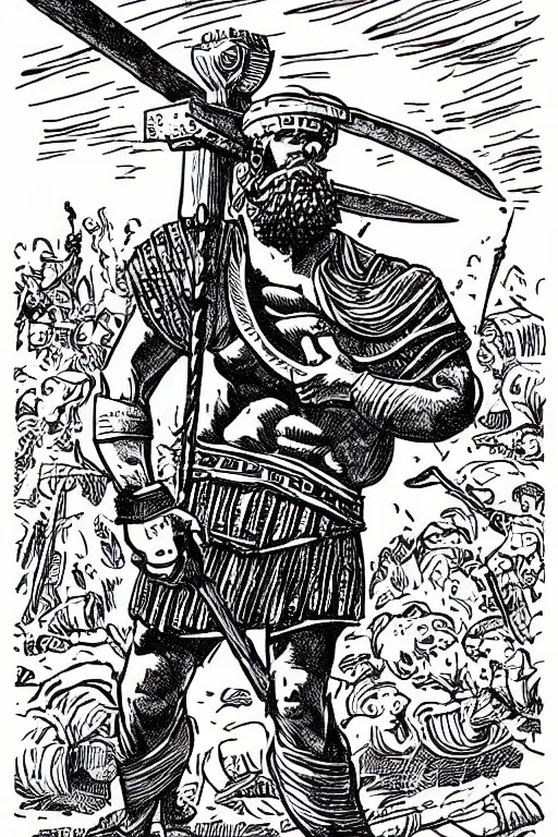 Image similar to ancient historically accurate depiction of the Bible Character Goliath of Gath, the Philistine warrior giant by mcbess