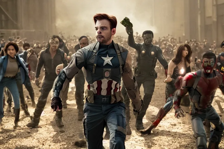 Image similar to film still of Bucky Barnes fighting zombies in new avengers movie, 4k