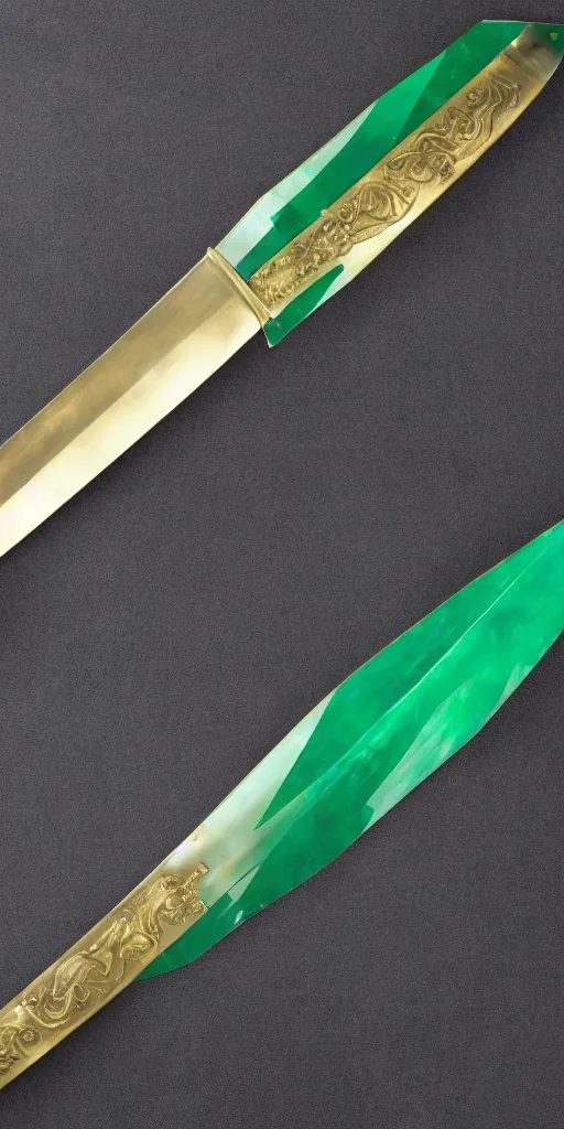 Image similar to photograph of a wide green and teal crystal sword blade attached to a big gold sword hilt
