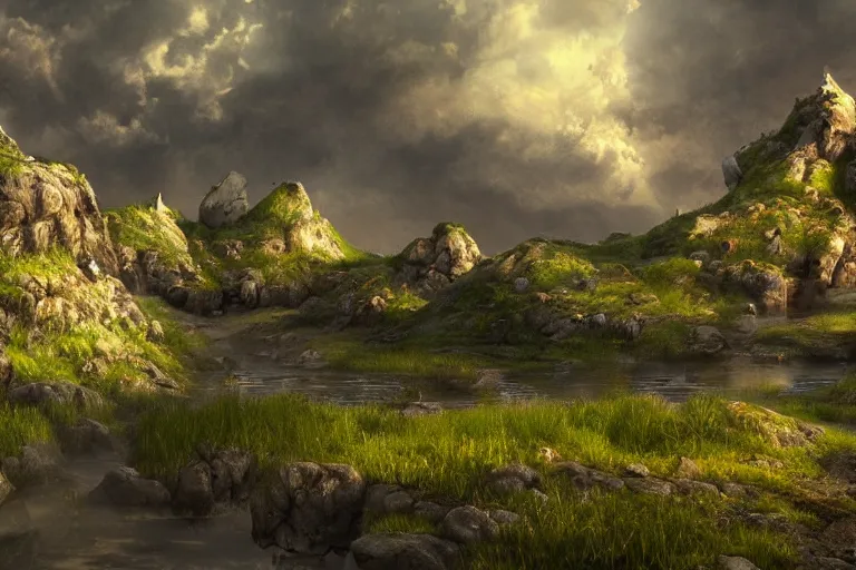 Image similar to Landscape of a fantasy world. Cinematic lighting. Photorealism.