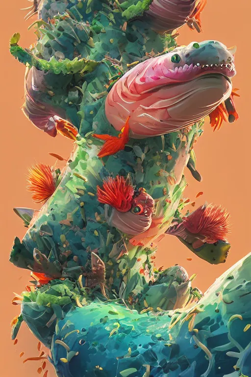 Image similar to 3 d render creature animal sushi cristal very big eye roots cactus elemental flush of force nature micro world fluo fishscale, comics gta 5 cover, official fanart behance hd artstation by jesper ejsing, by rhads, makoto shinkai and lois van baarle, ilya kuvshinov, ossdraws