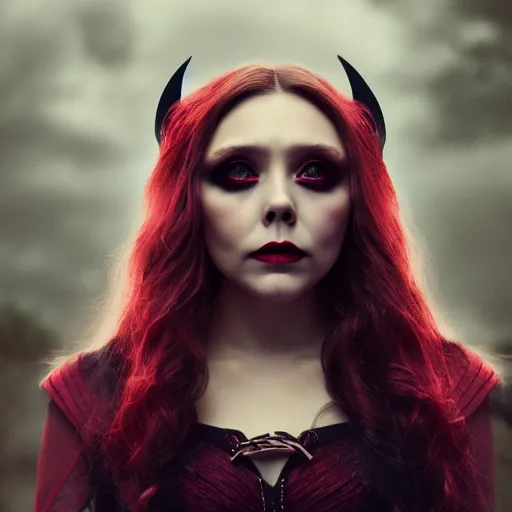 Image similar to Elizabeth Olsen as the Scarlet Witch in gothic attire and gothic makeup, trending on artstation, gloomy atmosphere, photorealistic facial features, 4k, 8k