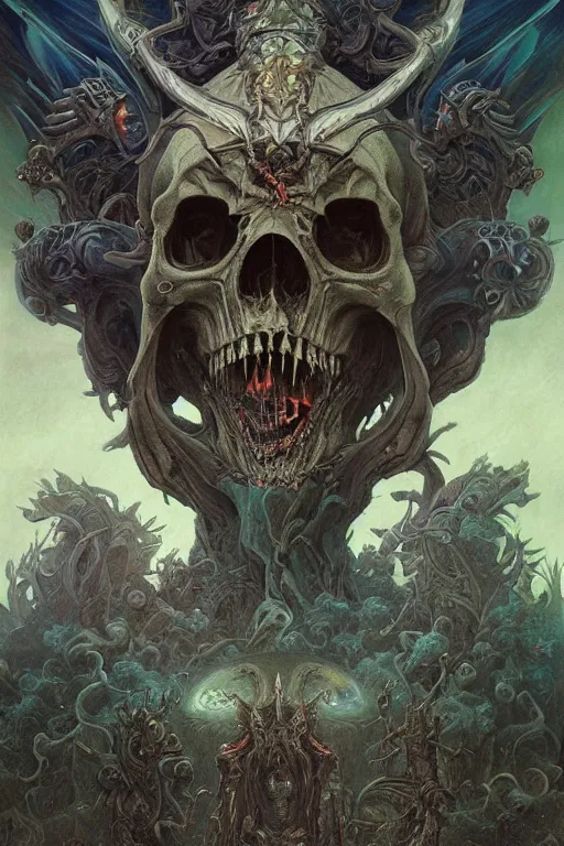 Prompt: evil gigantic alien skull lord demon of death, fantasy painting, ultra realistic, wide angle, art nouveau, intricate details, rainbowshift, vivid colors, highly detailed by peter mohrbacher, h. r. giger, maxfield parrish, gaston bussiere, gustave dore, craig mullins