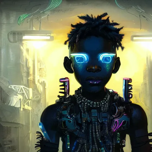 Image similar to a dark and ominous cyborg african child soldier with glowing eyes and steel dreadlocks, neon graffiti, Apex Legends character digital illustration portrait design, by android jones and greg rutkowski in a cyberpunk voodoo style, retrowave color scheme, detailed, cinematic lighting, wide angle action dynamic portrait