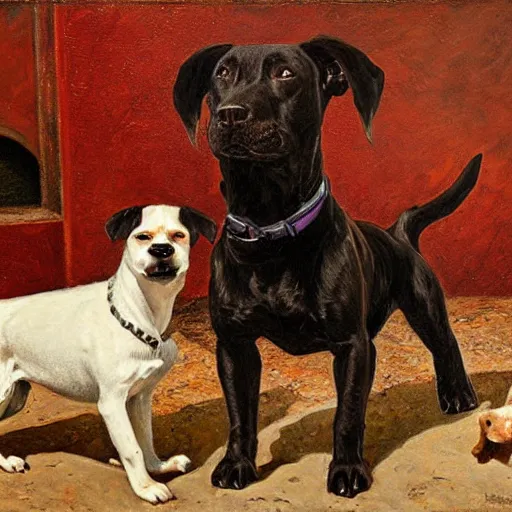 Prompt: black pitbull meets a brown and white Jack russell terrier at the gates of heaven, oil paining, detailed