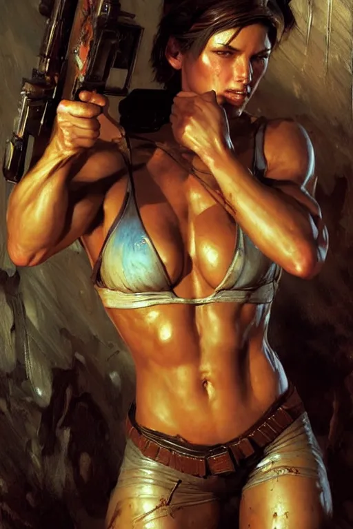 Image similar to muscular sweat jill valentine, covers with mud exhausted face close up, highly detailed painting by gaston bussiere, craig mullins, j. c. leyendecker 8 k