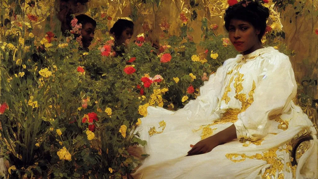 Image similar to high quality high detail painting by ilya repin and john singer sargent, black woman in a white room with many plants, intricate costume design, orientalist, partially gold, ornate, elite, luxury, hd