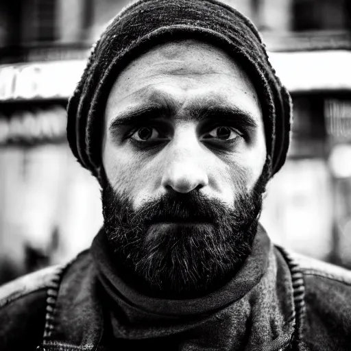 Prompt: black and white fashion photograph, highly detailed portrait of a depressed white drug dealer on a busy Paris street, detailed face looking into camera, eye contact, natural light, rain, mist, lomo, fashion photography, film grain, soft vignette, sigma 85mm f/1.4 1/10 sec shutter, Daren Aronofsky film still promotional image, IMAX 70mm footage