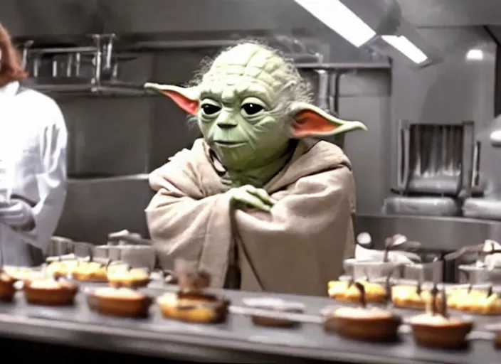 Image similar to film still of yoda working as a pastry chef in the new Star Wars movie, 4k