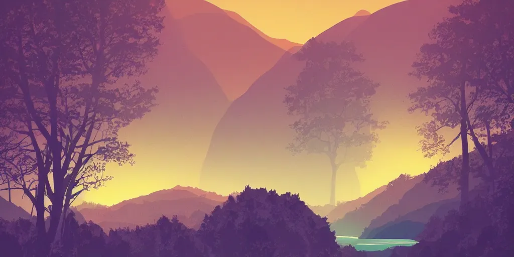 Image similar to a minimalist picture of a beautiful landscape, trees, stream, sunset, mountains, art by petros afshar