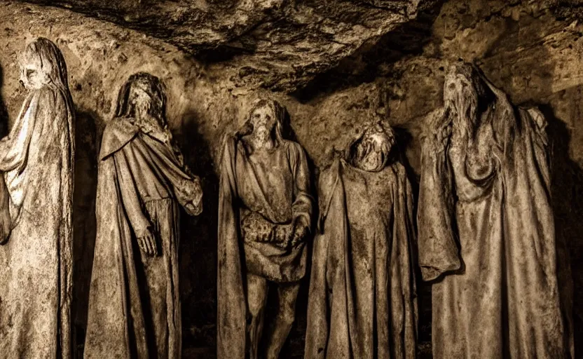 Image similar to several decrepit creepy statues of the archangel gabriel looking at the camera, placed throughout a dark claustrophobic old catacomb cavern, realistic, underexposed photography, depth of field, wide shot, sinister, bad lighting, foreboding, blurry grainy photo