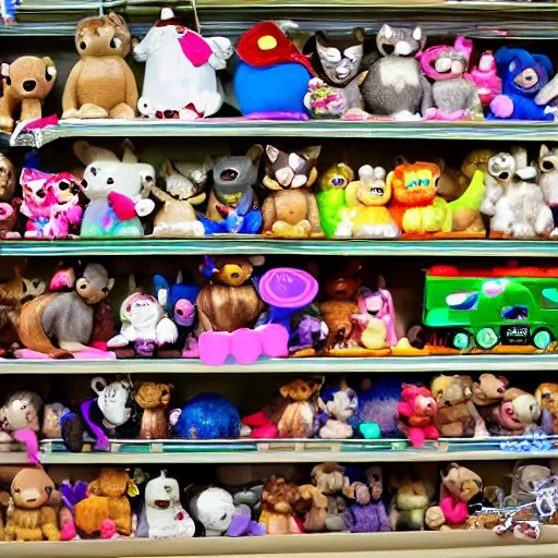 Prompt: some possum toys on the shelf of a toy shop, digital art