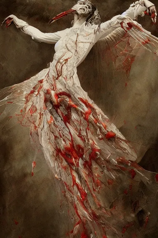 Prompt: breathtaking detailed soft painting of a flight of numerous birds in gauze dress, by guillermo lorca, a white water splash in bleeding meat and flesh, dynamic pose and movement, in an intricate art nouveau stained glass of bones, rembrandt style, elegant, highly detailed, artstation, concept art, matte, sharp focus,