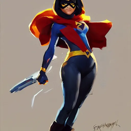 Image similar to greg manchess portrait painting of ms. marvel as overwatch character, medium shot, asymmetrical, profile picture, organic painting, sunny day, matte painting, bold shapes, hard edges, street art, trending on artstation, by huang guangjian and gil elvgren and sachin teng