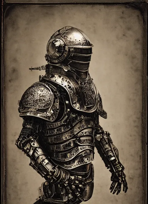 Image similar to old 1 9 th century wetplate daguerreotype portrait of a futuristic silver armored knight district 9 cyborg, fractal, intricate, elegant, highly detailed, subsurface scattering, by jheronimus bosch and greg rutkowski,