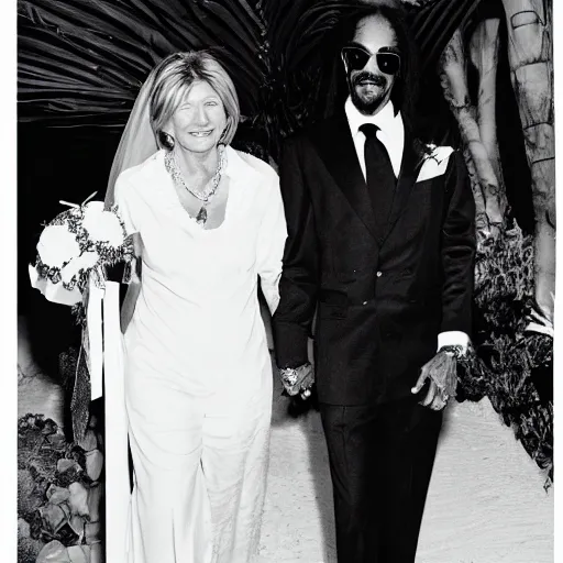 Image similar to martha stewart getting married to snoop dog in hawaii, paparazzi magazine photo, 8 k,
