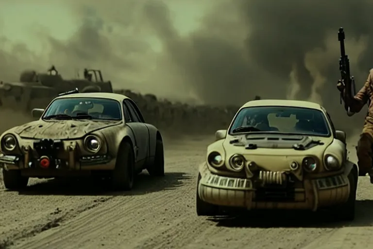 Prompt: dieselpunk mad max alpine a 1 1 0 with guns installed, movie still from ghost in the shell