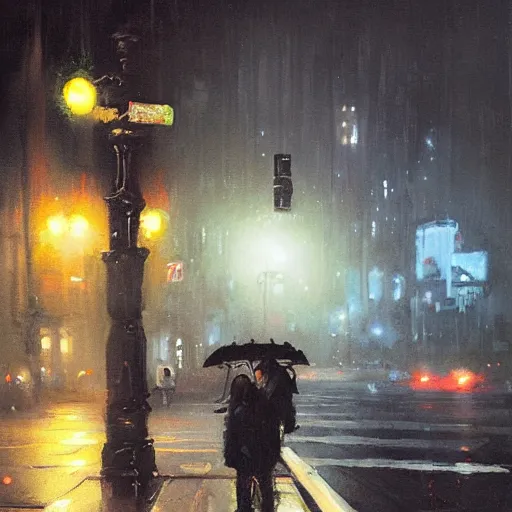 Prompt: dark city bus stop, painted by greg rutkowski, oil painting