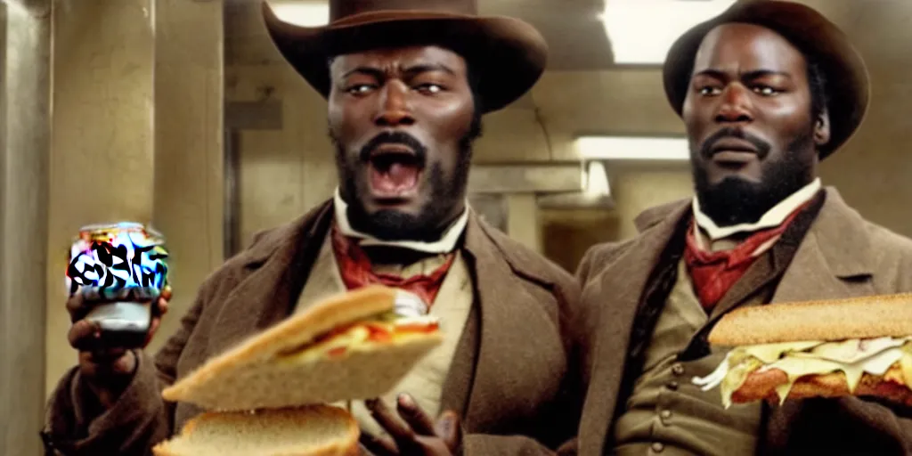 Prompt: fat Django unchained in subway eat sandwich and drink coca cola.