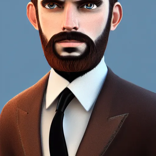 Image similar to a highly detailed portrait of a man, with a brown short beard and hair, blue eyes, wearing a tuxedo, artstation, deviantart, professional, unreal engine 5, photorealistic