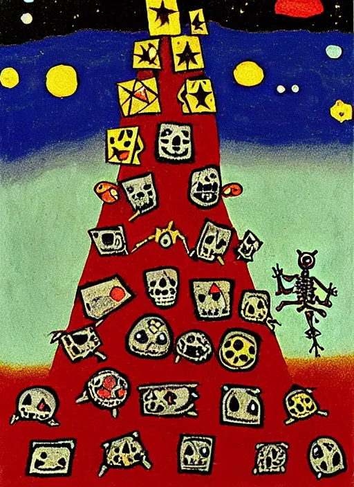 Image similar to pixel decollage painting tarot devil card composition tower of babel road red armor maggot bear and wonky alien frog skeleton knight on a horse in a dark red cloudy night sky with golden foil stars, occult symbols and diamonds, mountain lake and blossoming field in background, painted by mark rothko, helen frankenthaler, danny fox and hilma af klint, pixelated