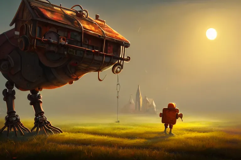 Image similar to a walking magic house with two mechanical legs, rust, hyperrealistic, highly detailed, cinematic, single ray of sun, fog, beautiful, cgssociety, artstation, 8 k, oil painting