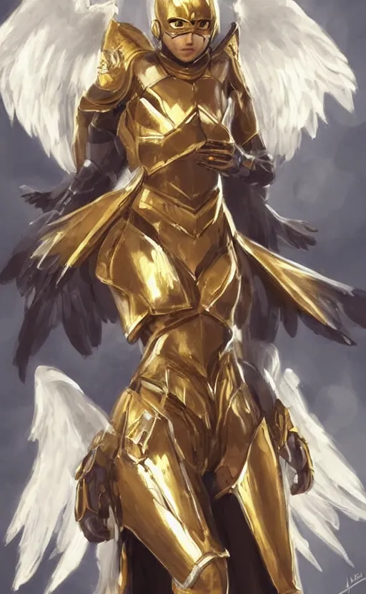 Image similar to Concept art, angel knight girl in golden and silver armor adorned with sapphire gems, artstation trending, cinematic, highly detailded