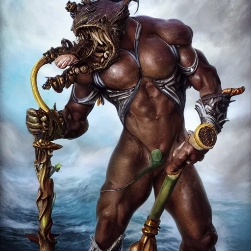 Prompt: highly detailed photograph of fizz the tidal trickster from league of legends, with his staff, realistic, male, extremely detailed, aesthetic, masterpiece, by roberto ferri, high quality