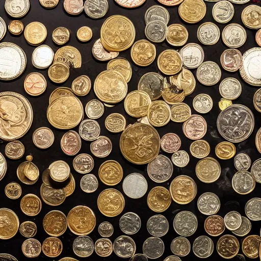 Image similar to An enormous treasure trove filled wall-to-wall with precious coins, wide shot, ultra-high definition, 4K, museum quality photo