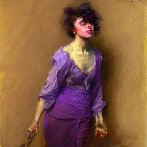 Image similar to a woman in a purple shirt with an emaciated body type, painting by Gaston Bussiere, Craig Mullins