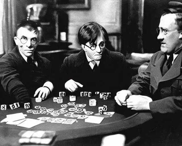 Prompt: harry potter and adolf hitler playing poker together, sharp focus, 8 k