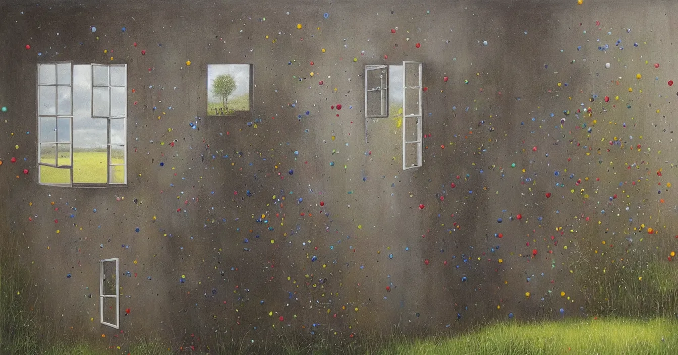 Prompt: Magic window to colorful different dimensions, with floating different energy strings and small particles, by Lee Madgwick