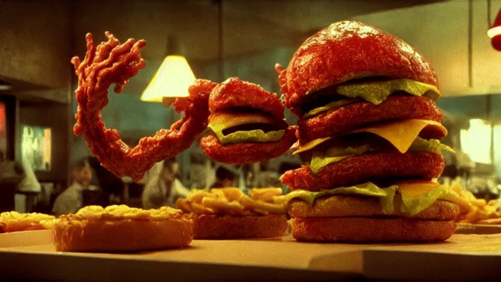 Prompt: the garbly cheeseburger creature at the fast food place, film still from the movie directed by denis villeneuve and david cronenberg with art direction by salvador dali and zdzisław beksinski, wide lens