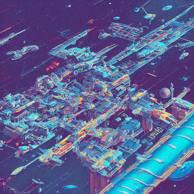 Image similar to isometric view illustration of a very lively space port , highly detailed, end of the day, by James Gilleard and Bruce Pennington