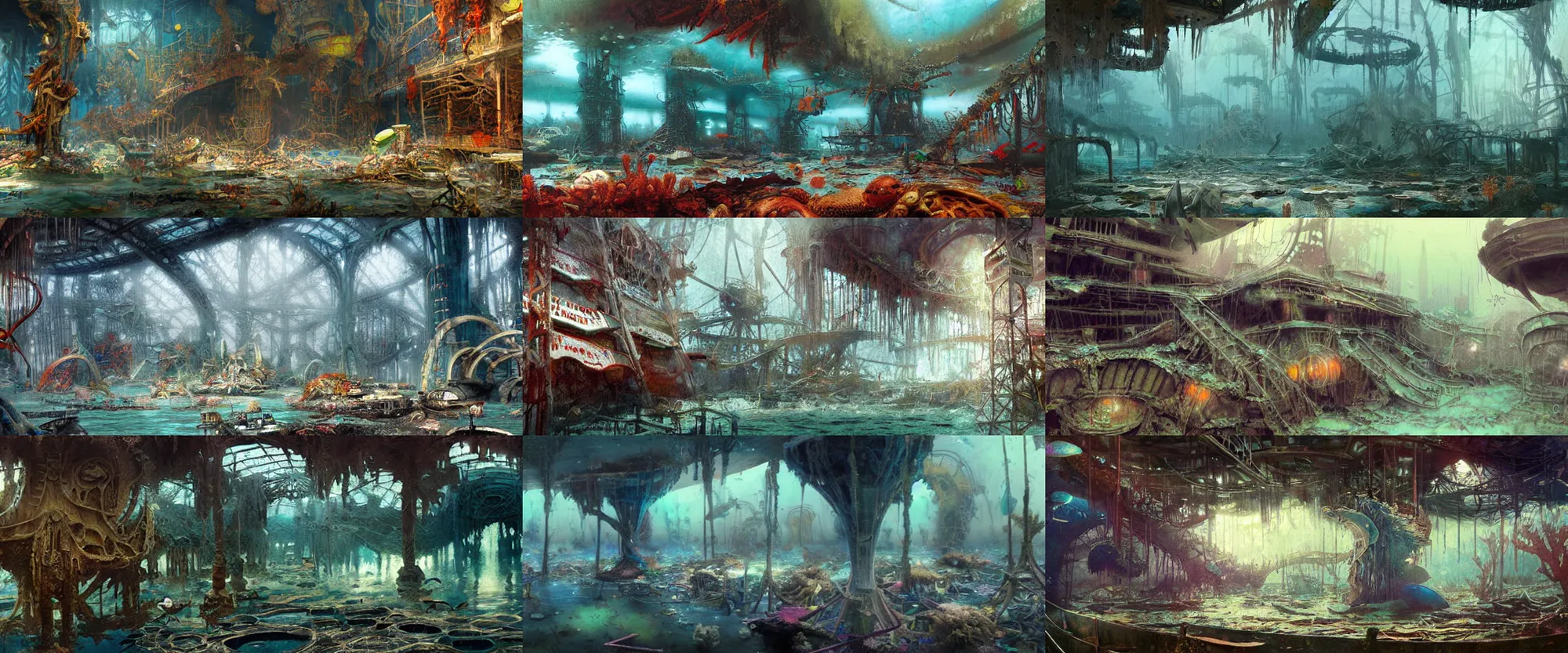 Prompt: Colorful, creepy landscape painting of detailed interior of giant underwater marine theme park LeMU, Erste Boden, completely flooded, destroyed, submerged, ruined, wrecked by Craig Mullins