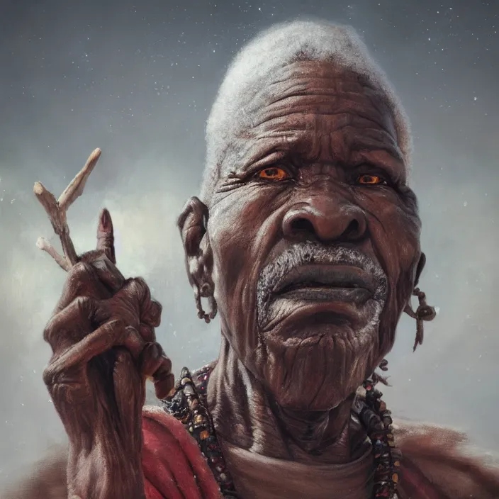 Prompt: a painting of a wise elder from Africa . dramatic angle, ethereal lights, details, smooth, sharp focus, illustration, realistic, cinematic, artstation, award winning, rgb , unreal engine, octane render, cinematic light, macro, depth of field, blur, red light and clouds from the back, highly detailed epic cinematic concept art CG render made in Maya, Blender and Photoshop, octane render, excellent composition, dynamic dramatic cinematic lighting, aesthetic, very inspirational, arthouse.