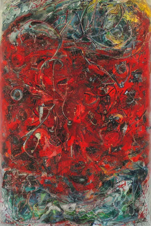 Image similar to a red crimson biomechanical talisman of eternal knowledge, aurora borealis, eclipse by maggi mcdonald, jackson pollock, mark rothko, sabina klein