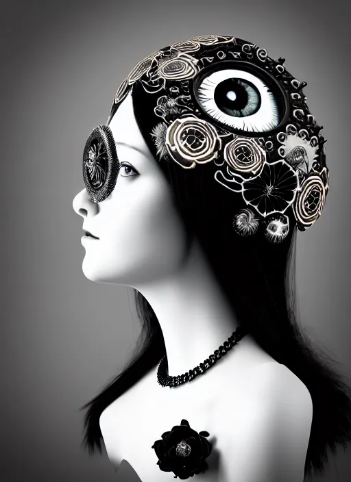 Image similar to black and white gothic masterpiece profile portrait, one steampunk eye silver hexagonal meshes floral biomechanical beautiful young female cyborg - vampire, big monocular, volumetric light, hibiscus flowers, by hg giger, rim light, big gothic fashion pearl embroidered collar, 8 k