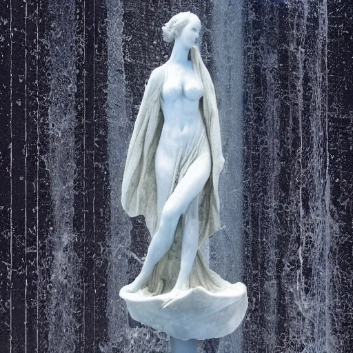 Prompt: “a delicate renaissance marble sculpture covered with water veil highly glitched, highly detailed transparent marble cloth, gi, global illumination, physically based rendering, photorealistic, top light, dark background ”