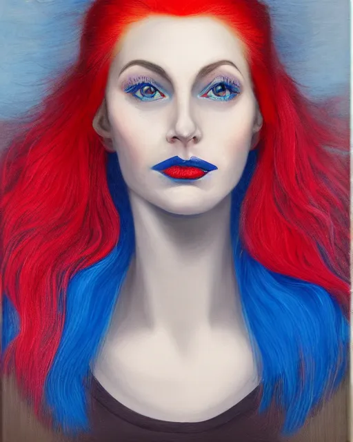 Image similar to A detailed matte oil on canvas head on symmetrical portrait of a distinguished elven woman with split red and blue hair